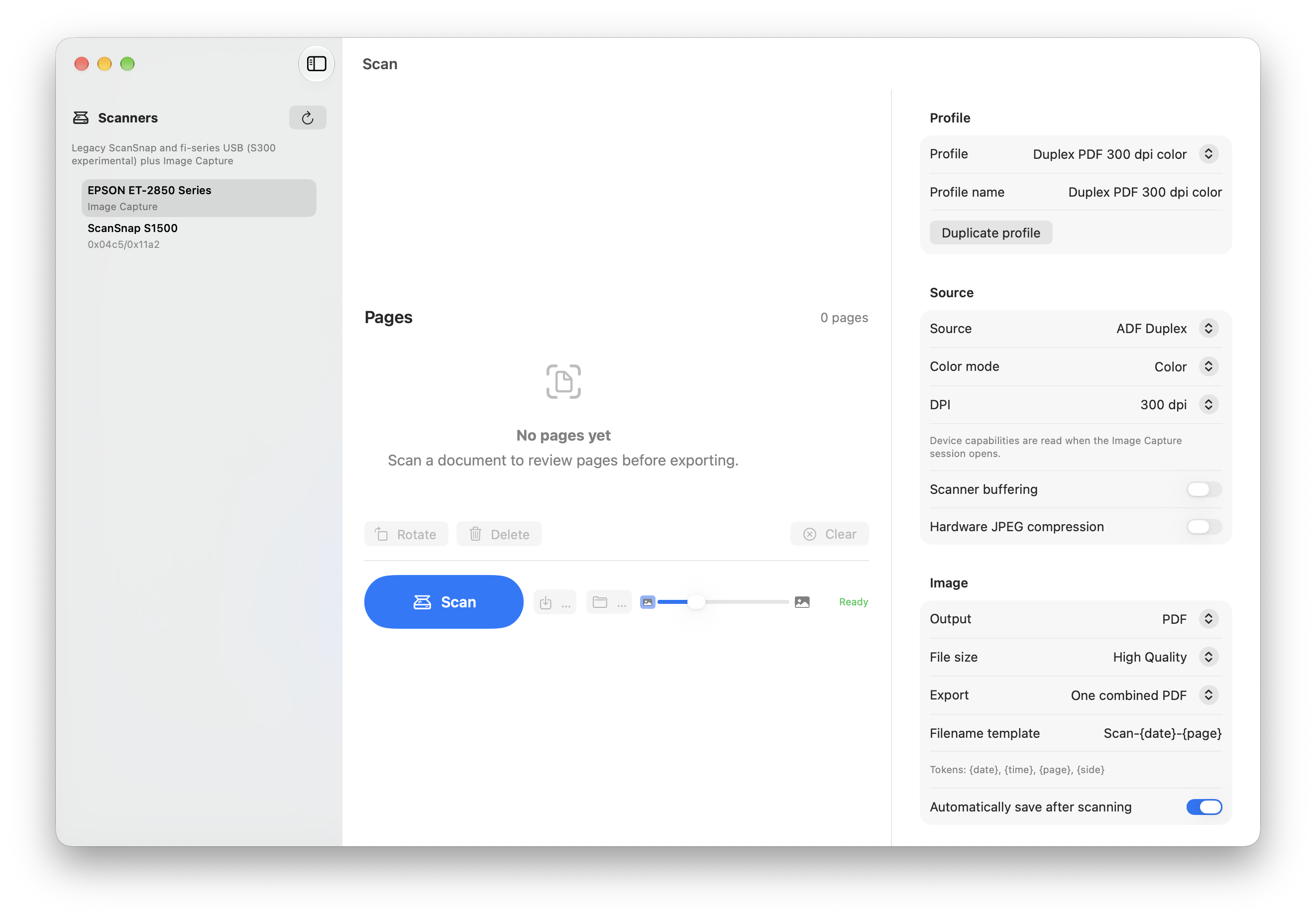 Scan macOS app window with connected scanners, scan profiles, and export settings